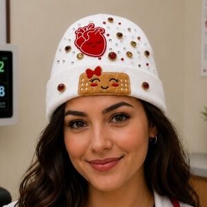 Nurse Beanie White design with Heart, Band-aid and red, clear, black rhinestone